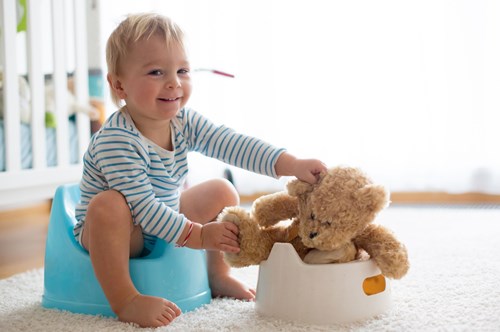 a child sat on the potty with its teddy